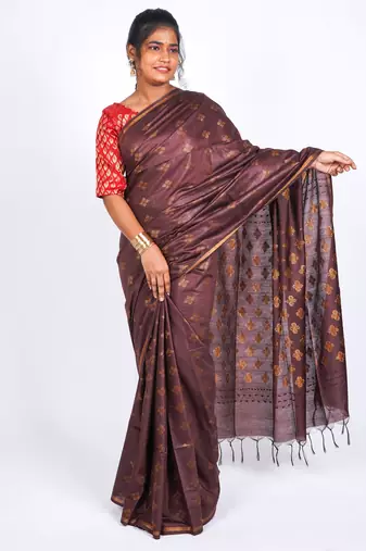 brown zari work, sequence cotton silk blend bhagalpuri ethnic saree with unstitched blouse