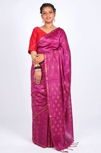 magenta zari work, sequence cotton silk blend bhagalpuri ethnic saree with unstitched blouse