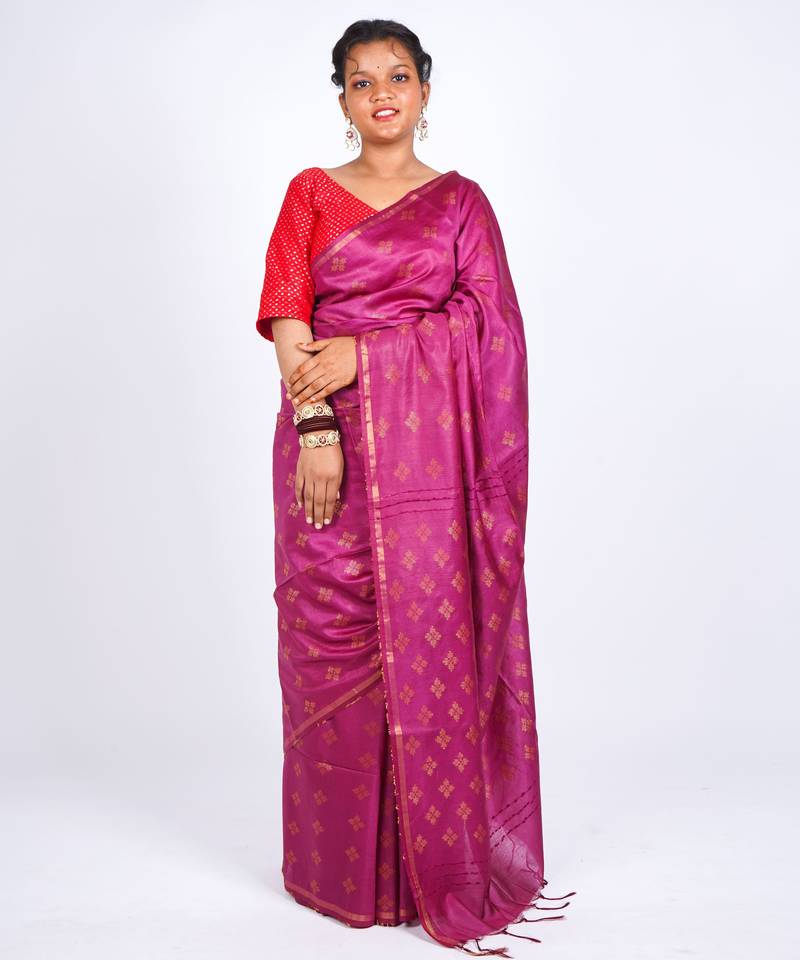 magenta zari work, sequence cotton silk blend bhagalpuri ethnic saree with unstitched blouse