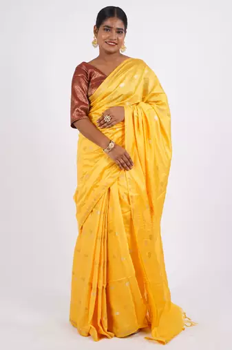 yellow zari work, sequence cotton silk blend bhagalpuri ethnic saree with unstitched blouse