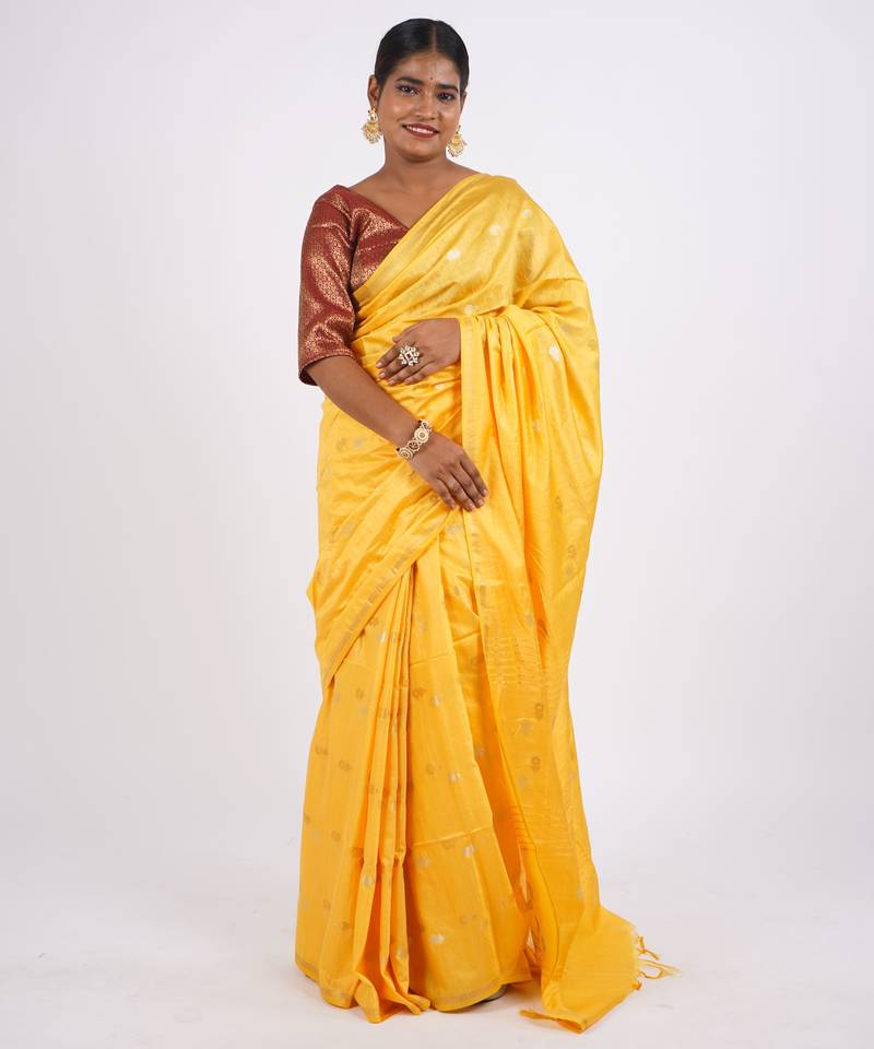 yellow zari work, sequence cotton silk blend bhagalpuri ethnic saree with unstitched blouse