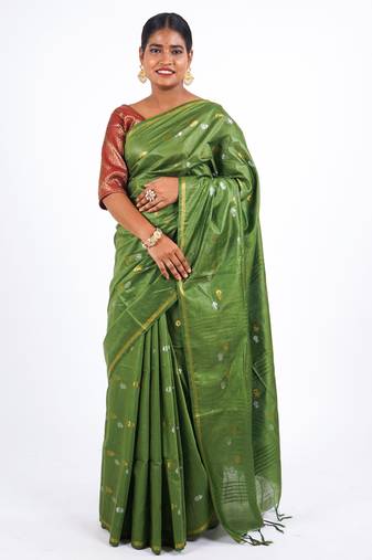 green zari work, sequence cotton silk blend bhagalpuri ethnic saree with unstitched blouse