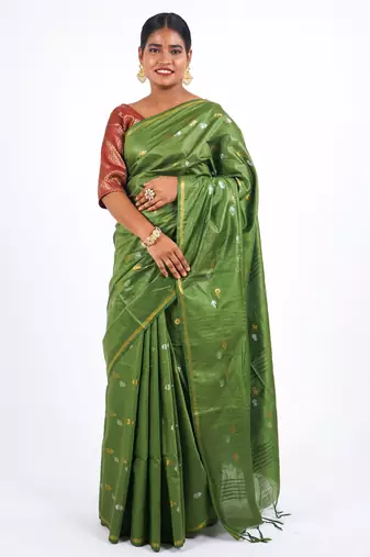 green zari work, sequence cotton silk blend bhagalpuri ethnic saree with unstitched blouse