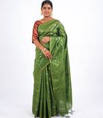green zari work, sequence cotton silk blend bhagalpuri ethnic saree with unstitched blouse