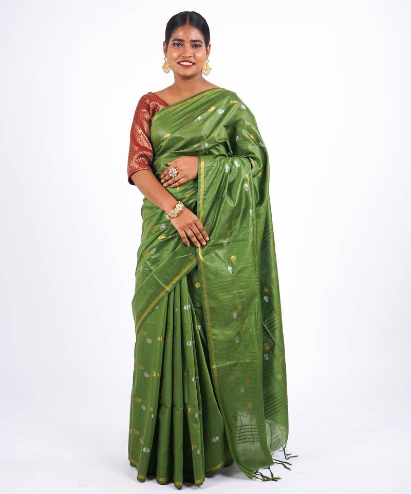 green zari work, sequence cotton silk blend bhagalpuri ethnic saree with unstitched blouse