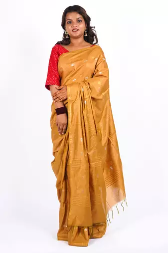 mustard zari work, sequence cotton silk blend bhagalpuri ethnic saree with unstitched blouse