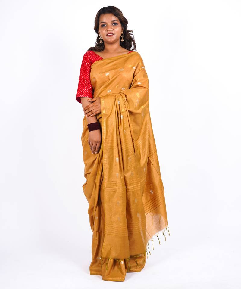 mustard zari work, sequence cotton silk blend bhagalpuri ethnic saree with unstitched blouse