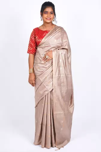 beige zari work, sequence cotton silk blend bhagalpuri ethnic saree with unstitched blouse