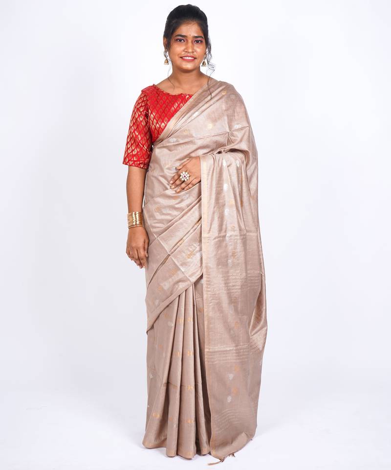 beige zari work, sequence cotton silk blend bhagalpuri ethnic saree with unstitched blouse