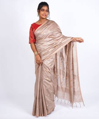 beige zari work, sequence cotton silk blend bhagalpuri ethnic saree with unstitched blouse 3