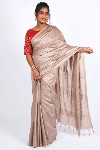 beige zari work, sequence cotton silk blend bhagalpuri ethnic saree with unstitched blouse