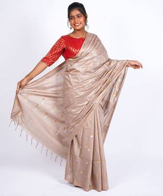 beige zari work, sequence cotton silk blend bhagalpuri ethnic saree with unstitched blouse 4