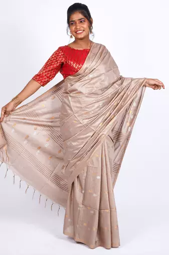 beige zari work, sequence cotton silk blend bhagalpuri ethnic saree with unstitched blouse