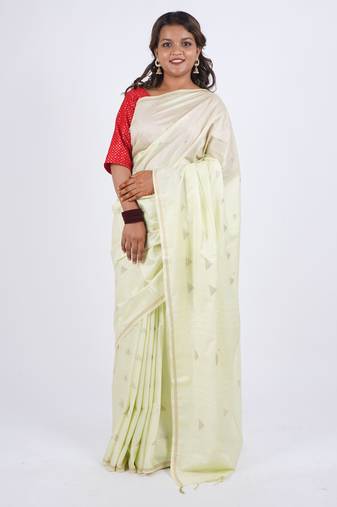 pista green zari work, sequence cotton silk blend bhagalpuri ethnic saree with unstitched blouse