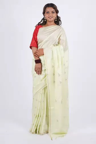 pista green zari work, sequence cotton silk blend bhagalpuri ethnic saree with unstitched blouse