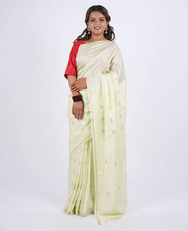 pista green zari work, sequence cotton silk blend bhagalpuri ethnic saree with unstitched blouse
