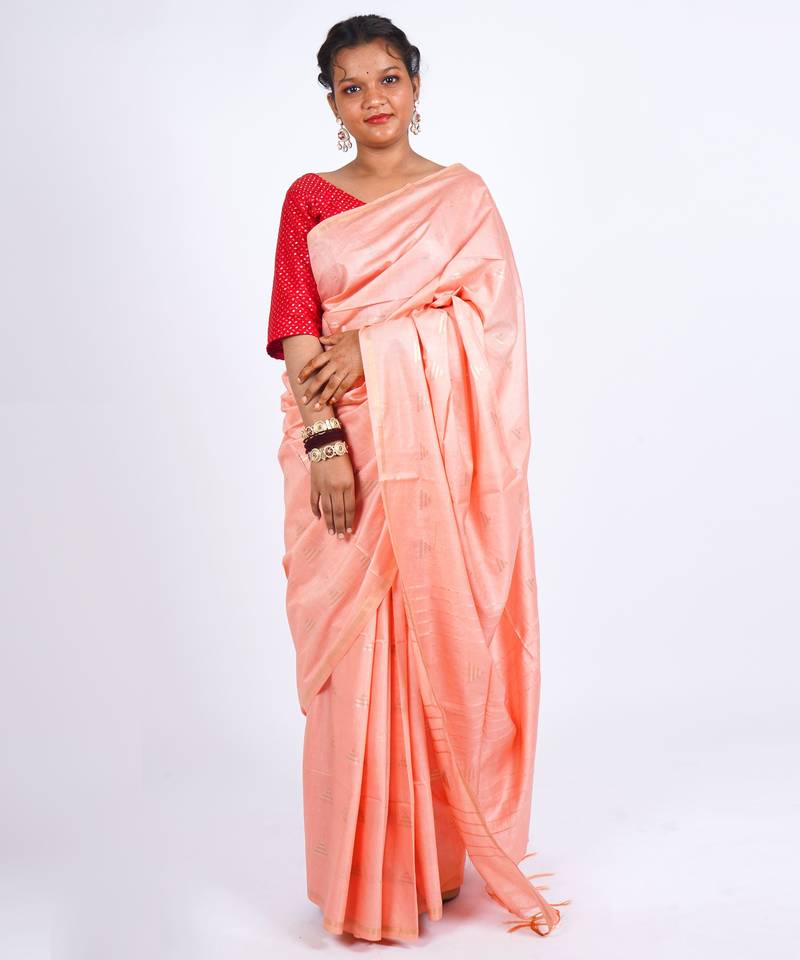 peach zari work, sequence cotton silk blend bhagalpuri ethnic saree with unstitched blouse