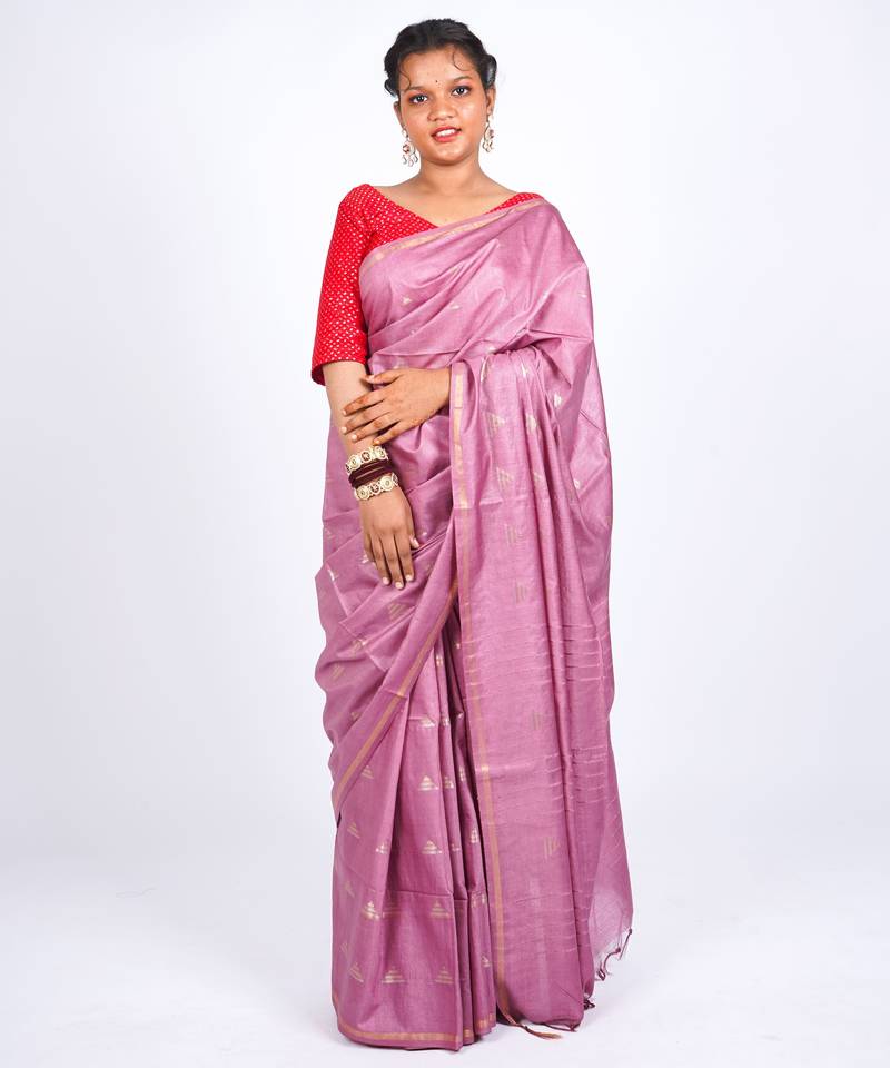 dull pink zari work, sequence cotton silk blend bhagalpuri ethnic saree with unstitched blouse