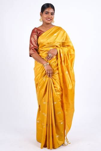 yellow zari work, sequence cotton silk blend bhagalpuri ethnic saree with unstitched blouse