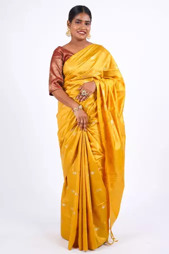 yellow zari work, sequence cotton silk blend bhagalpuri ethnic saree with unstitched blouse