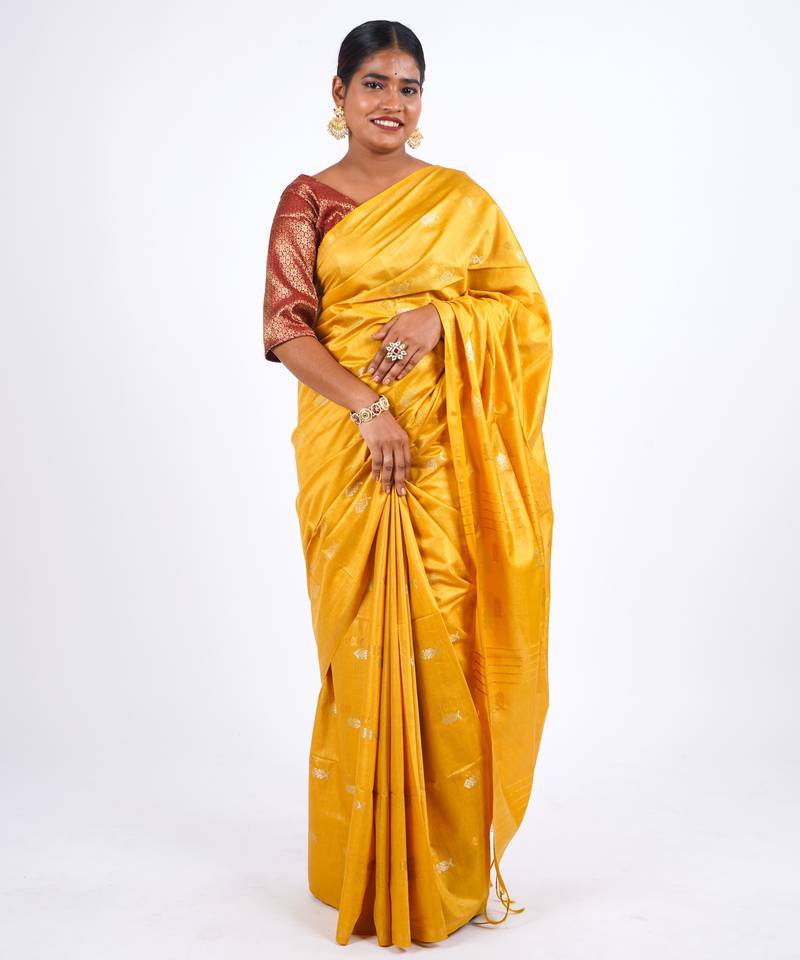 yellow zari work, sequence cotton silk blend bhagalpuri ethnic saree with unstitched blouse