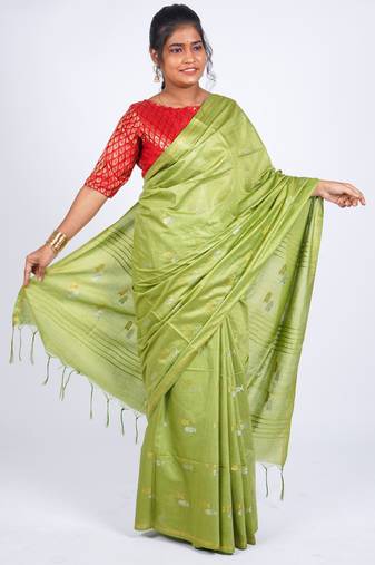 green zari work, sequence cotton silk blend bhagalpuri ethnic saree with unstitched blouse