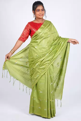 green zari work, sequence cotton silk blend bhagalpuri ethnic saree with unstitched blouse