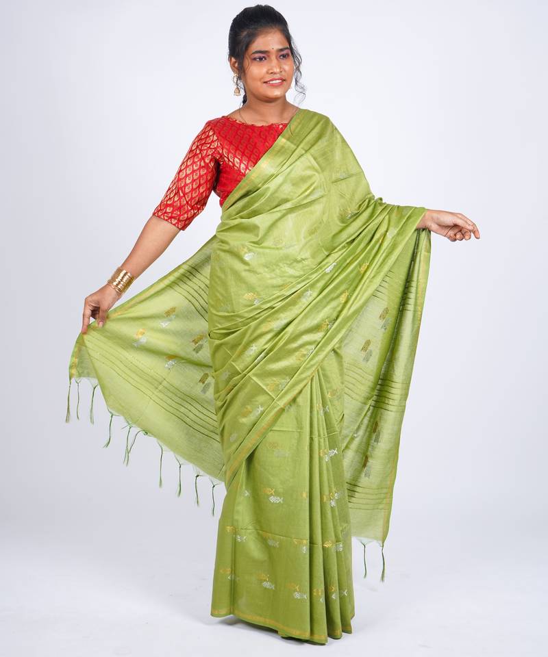 green zari work, sequence cotton silk blend bhagalpuri ethnic saree with unstitched blouse