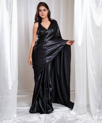 moonlit muse black cutdana border satin embroidered saree with stitched sequin blouse 1