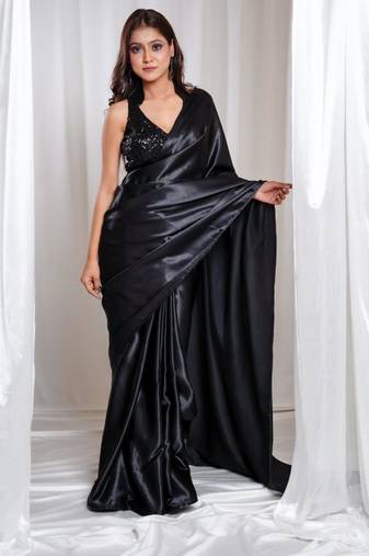 Moonlit muse black cutdana border satin embroidered saree with stitched sequin blouse