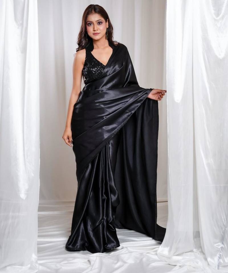 Moonlit muse black cutdana border satin embroidered saree with stitched sequin blouse