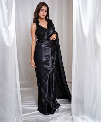 moonlit muse black cutdana border satin embroidered saree with stitched sequin blouse 2