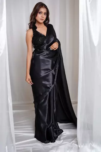 moonlit muse black cutdana border satin embroidered saree with stitched sequin blouse