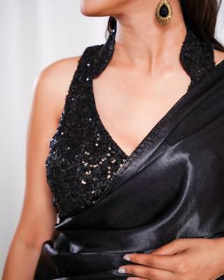 moonlit muse black cutdana border satin embroidered saree with stitched sequin blouse 3