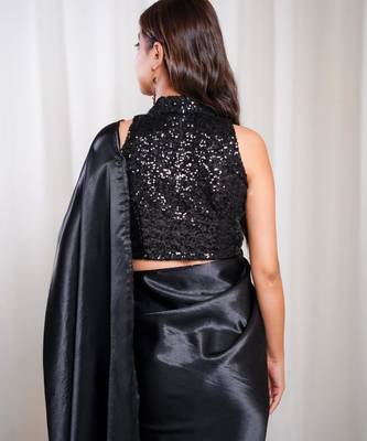moonlit muse black cutdana border satin embroidered saree with stitched sequin blouse 4