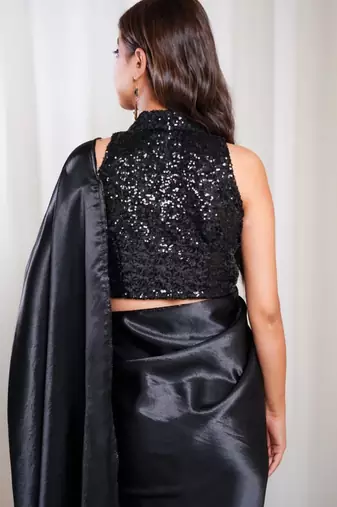moonlit muse black cutdana border satin embroidered saree with stitched sequin blouse