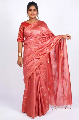 salmon pink zari work, sequence cotton silk blend bhagalpuri ethnic saree with unstitched blouse
