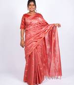 salmon pink zari work, sequence cotton silk blend bhagalpuri ethnic saree with unstitched blouse