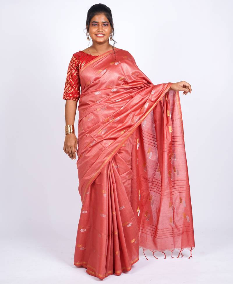 salmon pink zari work, sequence cotton silk blend bhagalpuri ethnic saree with unstitched blouse