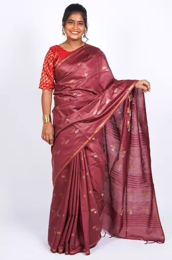 maroon zari work, sequence cotton silk blend bhagalpuri ethnic saree with unstitched blouse