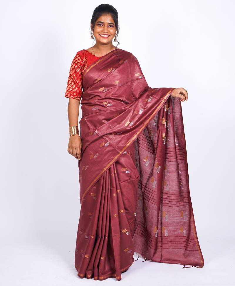 maroon zari work, sequence cotton silk blend bhagalpuri ethnic saree with unstitched blouse