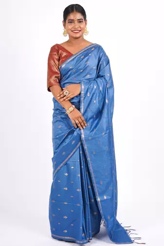 blue zari work, sequence cotton silk blend bhagalpuri ethnic saree with unstitched blouse