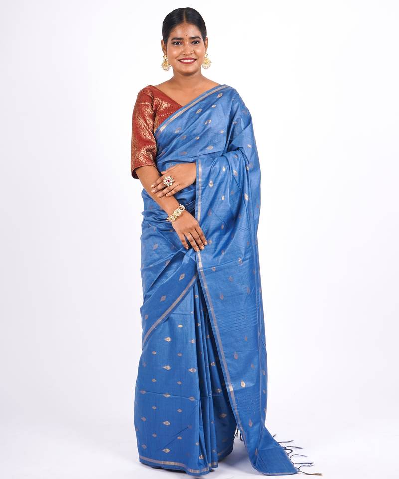 blue zari work, sequence cotton silk blend bhagalpuri ethnic saree with unstitched blouse