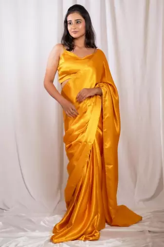 Yellow cutdana border satin embroidered saree with stitched blouse