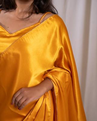 yellow cutdana border satin embroidered saree with stitched blouse 3