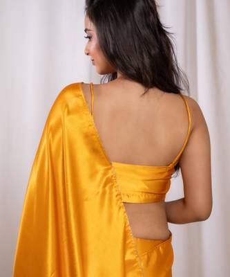 yellow cutdana border satin embroidered saree with stitched blouse 4