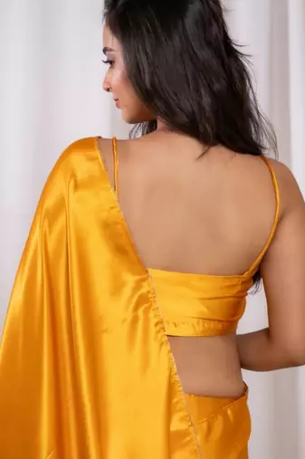 yellow cutdana border satin embroidered saree with stitched blouse