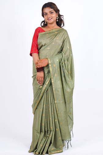 green zari work, sequence cotton silk blend bhagalpuri ethnic saree with unstitched blouse