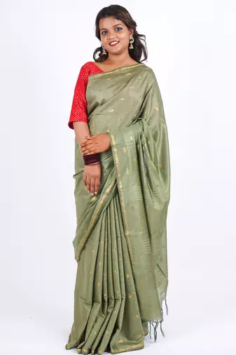 green zari work, sequence cotton silk blend bhagalpuri ethnic saree with unstitched blouse