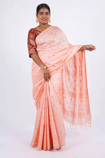 peach zari work, sequence cotton silk blend bhagalpuri ethnic saree with unstitched blouse